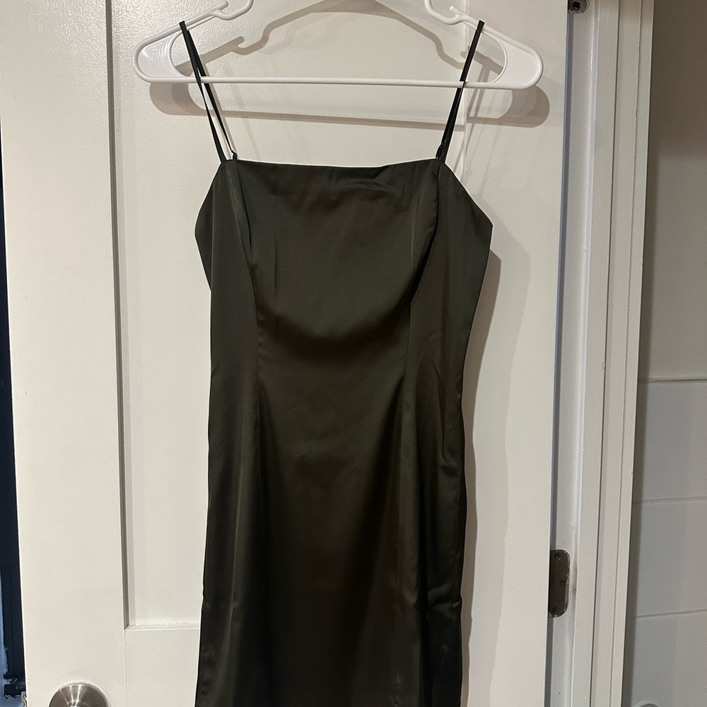 NWT Sunday Best Shimmer satin dress in dark olive, size 0
